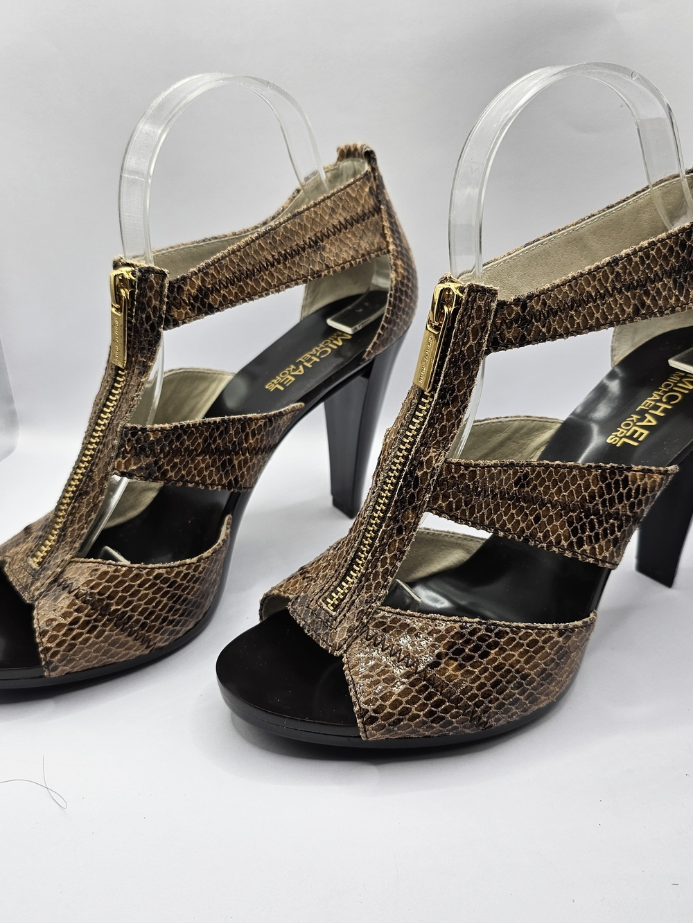 Michael Kors Brown Leather Snake-Print Zip-Front Heeled Sandals Sz 9 - Picture 2 of 6